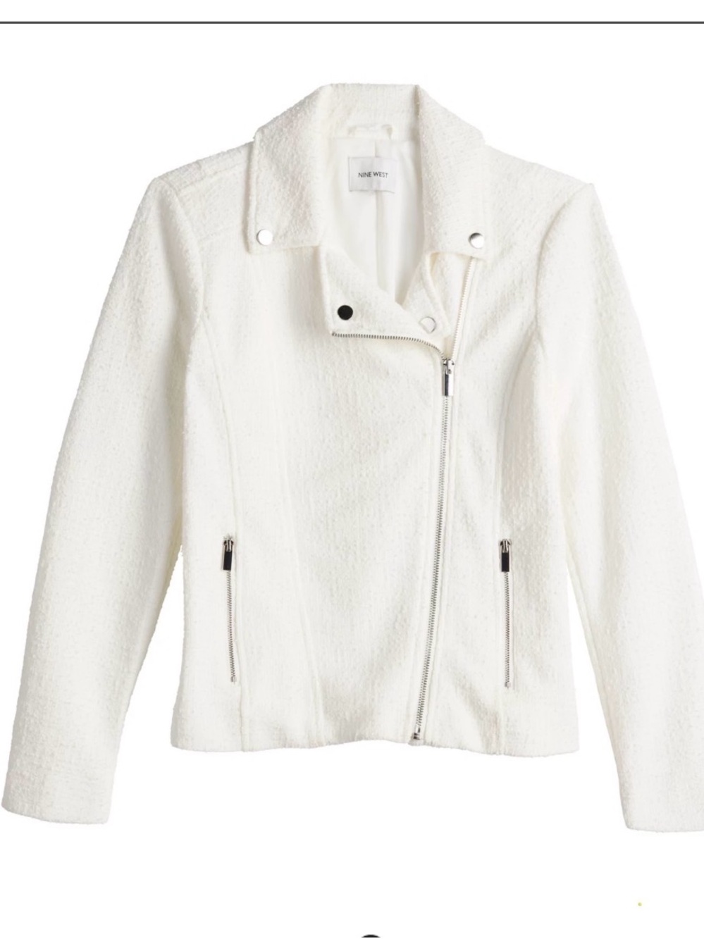 Nine West Ivory Bouclé Moto Jacket with Silver Hardware